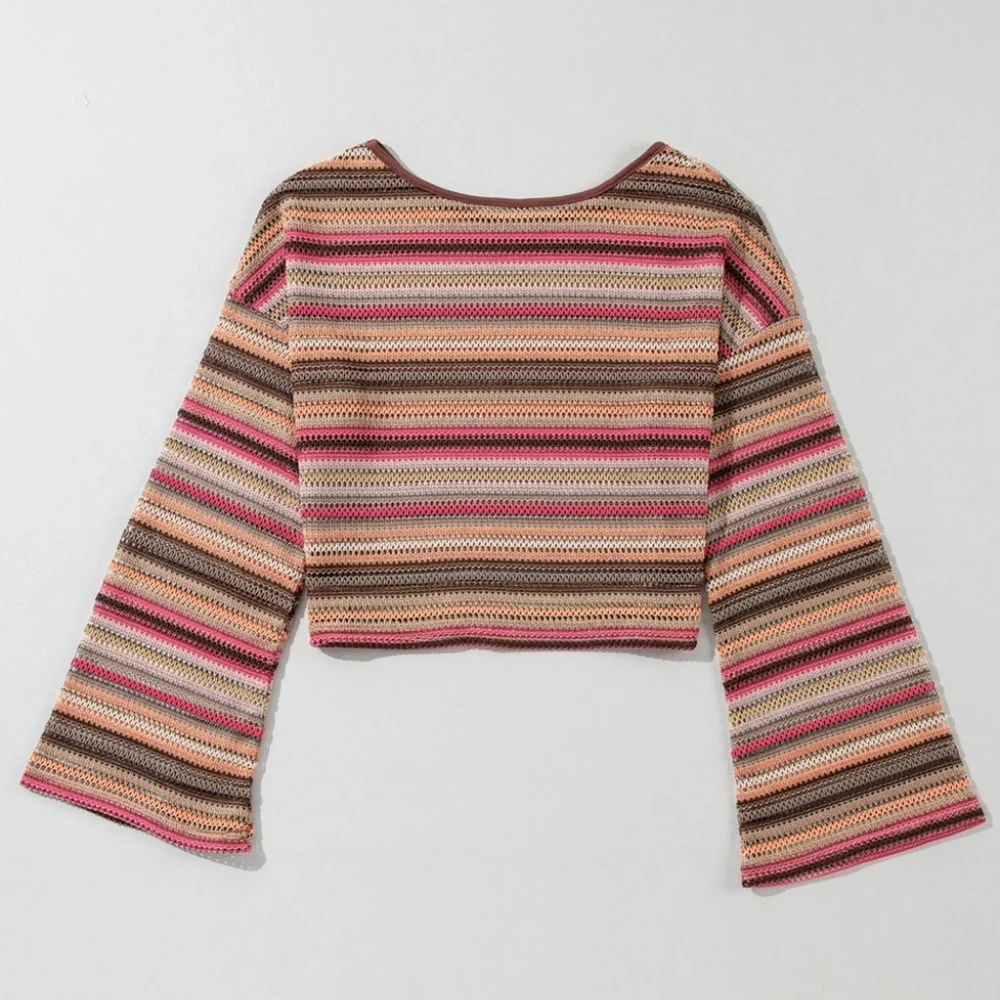 B159 Rose Red Ethnic Striped Wide Cropped Long Sleeve Top